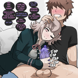 1boy 1girls assertive blush condom danganronpa danganronpa_2:_goodbye_despair drooling english_text faceless_male female gentle_femdom gritted_teeth hand_on_head handjob head_on_chest lube male mosbles nanami_chiaki naughty_face pink_hair smile smooth_skin super_danganronpa_2 text wink