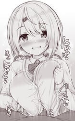 between_breasts blush breasts commentary hair_ornament hairclip long_hair looking_at_viewer monochrome motion_lines nijisanji paizuri paizuri_under_clothes school_uniform shiina_yuika smile uni8 virtual_youtuber white_background