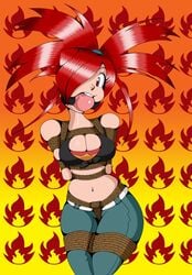 1girls alternate_breast_size arms_behind_back arms_tied ball_gag bare_shoulders belly big_hair bondage breast_harness crotch_rope deviantart drool_on_breasts drooling eye_contact female female_only femsub flannery_(pokemon) flannery_(pokemon_oras) gag gagged hair_over_one_eye human legs_tied legs_together long_hair looking_at_viewer midriff navel nintendo orange_background pants pokemon pokemon_oras pokemon_rse ponytail raya100 red_eyes red_hair rope saliva shirt short_hair solo standing tied_hair wet wide_hips