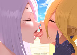 2girls blacksaikou blonde_hair blush centaur centorea_shianus equine female female_only french_kiss hand_on_shoulder interspecies monster_girl monster_musume_no_iru_nichijou multiple_girls open_mouth outdoors patreon pointy_ears rachnera_arachnera sand spider_girl taur text tongue tongue_out url watermark yuri