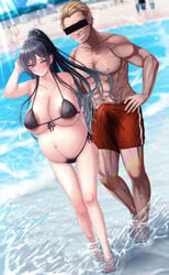 1boy 1girls anetani_kiki areola_slip beach big_breasts bikini black_bikini black_hair blush bulge dark_nipples erection erection_under_clothes female glands_of_montgomery happy_trail heart-shaped_pupils horny huge_belly huge_breasts idolmaster idolmaster_shiny_colors large_areolae long_hair male muscular_male nipple_bulge ponytail pregnant pubic_hair ready_to_pop shirase_sakuya side-tie_bikini swimsuit tenting thigh_gap veiny_belly