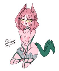 1girls animal_ears byternomar cat_ears cat_humanoid cum cum_on_face cum_on_upper_body diamond_is_unbreakable english_text female female_only humanoid jojo's_bizarre_adventure legwear naked nekomimi nude nude_female open_mouth panting pink_skin plant plant_girl plant_humanoid plants question questioning small_breasts solo stray_cat text whiskers white_background yellow_eyes