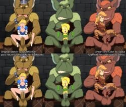 adventures_of_the_gummi_bears anthro balls blonde_hair breasts brown_shoes cum_in_pussy cum_inside disney green_shoes high_heels large_penetration large_penis nipples ogre open_mouth penetration penis princess_calla size_difference spaca stone_wall sunni_gummi takeshi1000 ursa_barbic vaginal_penetration white_heels