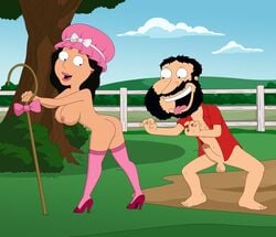 1boy 1girls accurate_art_style ass balls big_breasts black_hair bonnie_swanson breasts butt erection facial_hair family_guy female glenn_quagmire heels high_heels male nipples open_mouth outdoors outside penis sideboob stockings thigh_highs thighhighs tongue_out