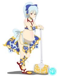 arkone bracers brown_nipples dancer_outfit grey_hair hair_ribbon hammer leaning_on_object looking_at_viewer meru_(dragoon) ponytail pregnant ready_to_pop red_eyes sandals signature smile sony_interactive_entertainment the_legend_of_dragoon wingly