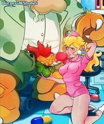 1boy 1girls blonde_hair blue_eyes blush bowser burgersnshakes dr._mario_(series) drooling fondling_balls high_heels huge_balls huge_cock human larger_male lipstick mario_(series) nintendo nurse nurse_cap nurse_peach panties ponytail princess_peach pubic_hair red_pubic_hair shoes smaller_female sweat thick_thighs unseen_male_face watermark