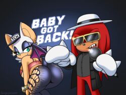 1boy 1girls anthro baby_got_back bat bent_over clothing earrings female funny hat hi_res highres humor knuckles_the_echidna makeup omegasunburst piercing rouge_the_bat sonic_(series) tight_clothing tight_pants twerking wings