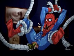 1boy anal_object_insertion anal_penetration arms_above_head bodysuit bondage captured cum cum_on_clothes cum_on_face cum_on_self cum_on_upper_body cum_through_clothes cum_while_penetrated dildo dildo_in_ass doctor_octopus erection_under_clothes forced forced_orgasm gay gay_domination green_dildo hands_above_head helpless legs_held_open male male_focus male_only male_penetrated malesub marvel mechanical_tentacles offscreen_character penetration rape restrained smooth_skin spider-man spider-man_(series) spread_legs stretched_anus suspension tentacle tentacle_on_male tentacle_rape tentacle_suspension tight-web torn_bodysuit torn_clothes yaoi