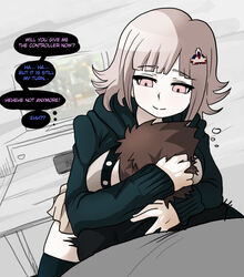 1boy 1girls assertive breast_smother breasts breath_of_the_wild danganronpa danganronpa_2:_goodbye_despair electronics english_text female femdom game_console gentle_femdom human male mosbles nanami_chiaki naughty_face nintendo_switch nintendo_switch_dock original_character pale_skin smile smothering sofa straight_hair super_danganronpa_2 tagme text