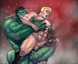 balls bara big_balls big_penis blonde_hair boner clint_barton erection gay green_skin hawkeye hulk hulk_(series) imminent_anal imminent_sex male male_only marvel marvel_comics muscles muscular penis sweaty tom_cray