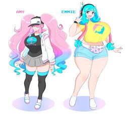 2girls amy_(theycallhimcake) blue_hair character clothed clothing emmie_(theycallhimcake) female female_only hat headphones huge_ass huge_breasts human human_only jacket legwear long_hair multicolored_hair pink_hair shiny shiny_hair shiny_skin shirt shoes shorts skirt smile standing stockings theycallhimcake thick_thighs thighs very_long_hair