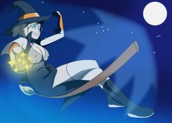 blonde_hair blue_eyes broom broom_riding broomstick flying large_breasts lisa_silverman moon night persona persona_2 persona_2_innocent_sin smile sol_droid witch witch_hat