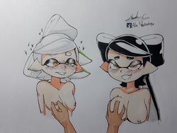 1boy 2girls abesdrawings big_breasts biting_lip breast_grab callie_(splatoon) dark-skinned_male dark_skin double_breast_grab handdrawn inkling looking_at_viewer male_pov marie_(splatoon) nintendo nipple_pinch pov small_breasts splatoon squid_sisters