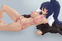 blue_hair bra breasts female jacket jin_sahyuk lingerie lying midriff navel panties red_eyes smile solo tagme the_novel's_extra thighs thwwshark underwear