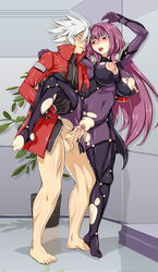 1boy 1girls absurd_res big_breasts big_penis blazblue bottomless breasts clothed_sex clothing crossover cum cum_in_pussy cum_inside fate/grand_order fate_(series) female green_eyes heterochromia highres huge_breasts kojack large_breasts leg_lift long_hair male penis purple_eyes purple_hair ragna_the_bloodedge red_eyes scathach_(fate) sex straight thick_thighs whentai white_hair