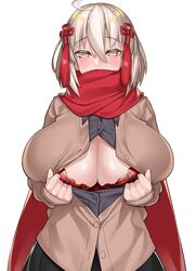 blush bra fate/grand_order fate_(series) hair_ornament huge_breasts looking_at_viewer okita_souji_(alter)_(fate) presenting_breasts scarf school_uniform schoolgirl short_hair sweater unbuttoned_shirt watosu_(watosu_mama) white_hair yellow_eyes