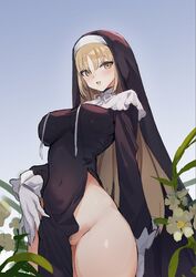 blonde_hair blush breasts covered_navel eyebrows_visible_through_hair flower gloves hair_between_eyes long_hair nijisanji nopan nun open_mouth outdoors pelvic_curtain pubic_hair pubic_hair_peek pussy_peek simao_(x_x36131422) sister_claire sister_cleaire virtual_youtuber white_gloves yellow_eyes