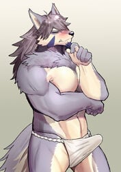 1boy anthro asian_clothing blush canid canine canis clothing east_asian_clothing embarrassed erection erection_under_clothes erection_under_clothing fundoshi fur grey_body grey_fur hair japanese_clothing long_hair male male_only mammal muscular muscular_anthro muscular_male partially_clothed pecs ryuulabo solo temujin tokyo_afterschool_summoners underwear video_games white_underwear wolf