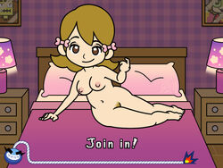 1girls 5-volt bed bedroom breasts drawer english_text female gameplay_mechanics invitation inviting lamp looking_at_viewer mario_(series) milf navel nintendo nipples nude pubic_hair pussy tagme talking_to_viewer text wario_(series) warioware