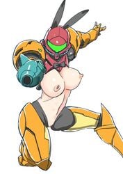 aiming_at_viewer areolae armor armored_samus big_breasts bowtie bunny_ears bunny_girl exposed_breasts exposed_pussy functionally_nude huge_breasts inverted_costume metroid navel nintendo nipples partially_clothed power_suit pussy reverse_bunnysuit samus_aran varia_suit