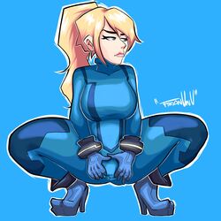 1girls blonde_hair bodysuit breasts clitoris_through_clothes female franarts_uwu gloves heels metroid metroid_prime nintendo ponytail samus_aran skin_tight solo spread_pussy spread_pussy_under_clothes squatting tagme thick_thighs thighs zero_suit zero_suit_samus