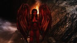 3d bethesda_softworks big_wings demon demon_girl demon_wings facial_markings fire large_wings lexystarwatcher membranous_wings red_skin red_wings skimpy_armor skyrim spiked_wings stomach_tattoo succubus tattoo the_elder_scrolls thigh_tattoo tiara wing_spikes wings