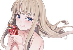 amanekuu bangs blue_eyes blunt_bangs blush breasts brown_hair closed_mouth collarbone condom_box eyebrows_visible_through_hair female holding long_hair medium_breasts nipples original simple_background smile solo tongue tongue_out white_background