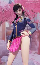 1girls 3d academy_d.va alternate_costume asian blizzard_entertainment braid braided_hair braided_twintails breasts brown_eyes brown_hair cute d.va exposed_pussy eyelashes eyeshadow female female_only fringe glasses long_hair looking_at_viewer naughty_face no_panties no_panties_under_skirt overwatch peeking_out pussy school_uniform schoolgirl skinny skirt slim solo thehounde twintails upskirt video_games watermark