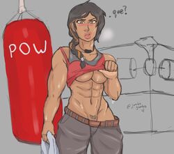 1girls abs after_workout baggy_pants black_hair blush braid brazilian brazilian_female breasts caveira_(rainbow_six) confused female female_focus female_only gym jumbogumbo latina muscular muscular_female necklace orange_eyes portuguese_text post_workout punching_bag rainbow_six rainbow_six_siege shirt_lift simple_background sweat sweatdrop sweating sweaty thick_lips tom_clancy ubisoft underboob video_games