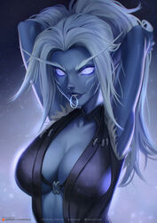 1girls big_breasts breasts cleavage evasolo female female_only imminent_oral large_breasts looking_at_viewer nightborne ponytail solo world_of_warcraft