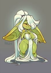 1girls blush breasts fantasy female female_only goblin goblin_female hair_covering_breasts hair_covering_crotch huffslove huge_ears human long_hair partially_nude regina_(huffslove) shortstack smile solo solo_female thick_thighs white_hair