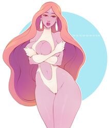 big_breasts big_hips covering_breasts crossed_arms earrings female female_only kokobuttz long_hair looking_at_viewer milf pink_hair purple_eyes purple_hair purple_skin queen_angella she-ra_and_the_princesses_of_power solo solo_female swimsuit thick_lips thunder_thighs watermark white_gloves white_swimsuit