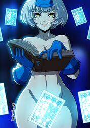 arcana_cards atlus big_breasts casual elizabeth_(persona) female female_only gloves handwear hat heart-shaped_pupils human kinkymation mature_female nipples pale_skin persona persona_3 smile solo solo_female solo_focus tarot_card thick_thighs velvet_room white_hair yellow_eyes