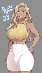 1futa 2020 2020s abs ball_bulge balls balls_under_clothes bare_shoulders blonde_hair breasts brown_hair bulge cameltail cleavage clothed clothed_futanari curvy dark-skinned_futanari dark_skin dated flaccid futa_only futa_sans_pussy futanari hand_on_hip hourglass_figure huge_breasts kirihara_torajyuro_tatsumune long_hair looking_at_viewer muscular muscular_futanari pencil_skirt penis penis_bulge penis_under_clothes penis_under_skirt ryo_agawa skirt solo solo_futa standing tank_top tight_skirt wide_hips