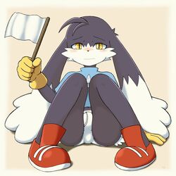 1boy 9mohusuke6 background_layer blue_shirt flag furry gloves hands highres image_sample kaze_no_klonoa klonoa klonoa_(series) male_only pointy_ears red_footwear shirt sitting spread_legs tears twitter_sample two_string underwear upset white_flag yellow_eyes yellow_gloves