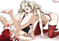 2girls ann_takamaki areolae artist_name atlus big_breasts blonde_hair breasts clothing cunnilingus dated duo feet female female_only hair kasumi_yoshizawa megami_tensei minacream multiple_girls nipples oral pale-skinned_female pale_soles panties persona persona_5 persona_5_royal red_hair signature sumire_yoshizawa thighhighs tongue tongue_out topless video_games yuri