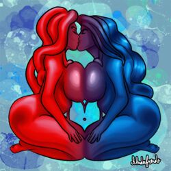 blue_hair blue_skin breast_press kissing long_hair red_hair red_skin slime slime_girl symmetrical_docking yuri