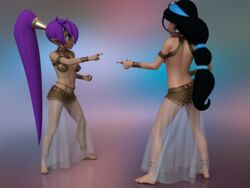 2girls 3d aladdin arabian_clothes barefoot black_hair blue_eyes blue_nails clothing crossover disney disney_princess errbee feet female female_only harem_outfit jewelry long_hair meme princess princess_jasmine purple_hair purple_nails shantae shantae_(character) smooth_skin young