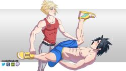 2boys abs blonde_hair blue_eyes blush cloud_strife crisis_core_final_fantasy_vii final_fantasy final_fantasy_vii gay imminent_sex legs_apart legs_held_open legs_spread legs_up male male_only muscles muscular muscular_male parted_lips pecs shirtless sinnerblade88 tank_top yaoi zack_fair