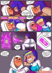 2girls aged_up blush breasts chocolate_and_vanilla closed_eyes comic female glitch_techs hijab kissing miko_kubota multiple_girls planz34 smooth_skin tentacle tinted_eyewear visor yellow-tinted_eyewear yuri zahra_rashid
