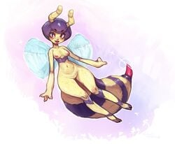 antennae anthro bee big_forearms black_hair blush bottom_heavy breasts cyancapsule eyelashes female flying freckles full_body humanoid insect insect_wings knees navel pastel pigeon-toed purple_eyes purple_hair red_eyes small_breasts solo stinger thigh_gap wasp_waist wide_hips wings