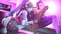 2futas 3d 4k absurdres areolae ass balls breasts dark-skinned_futanari dark_skin dickgirl erection futa_on_futa futanari highres huge_breasts hyper hyper_penis latina leggings looking_at_viewer looking_back mitrild-sfm nipples oil oiled overwatch penis shiny_skin sombra source_filmmaker tattoo testicles widowmaker