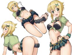 akatsuki_kirika alfort_(may0508) ass bikini bikini_under_clothes blonde_hair breasts dildo female green_eyes lifted_by_self looking_at_viewer medium_breasts navel object_insertion senki_zesshou_symphogear shiny shiny_hair shiny_skin short_hair simple_background skirt skirt_lift swimsuit vaginal_object_insertion vaginal_penetration white_background