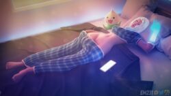 3d bed blender blue_eyes effectsmaster231 elaina_(effectsmaster231) female_only laying_down morning overwatch overwatch_2 pachimari pulling_down_pants stomach