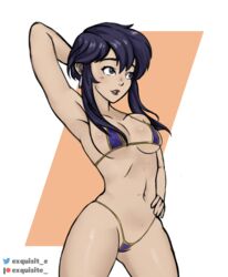 1girls 2020 abs absurdres arm_behind_head arm_up armpits bikini black_hair blush breasts cameltoe covered_nipples cowboy_shot cute earrings exquisit-e exquisite_ female_only fire_emblem fire_emblem:_genealogy_of_the_holy_war g-string hand_on_hip hand_on_own_hip highres jewelry larcei_(fire_emblem) light-skinned_female lipstick medium_breasts micro_bikini navel nintendo nipples_visible_through_clothing pinup pose purple_bikini purple_lipstick self_upload shiny_skin short_hair sideboob simple_background skinny smile solo solo_female standing string_bikini swimsuit the_grovekeeper thighs thong tomboy underboob white_skin