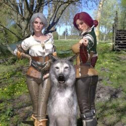 1animal 2girls 3d canine cd_projekt_red ciri daz_studio dog female goditseb the_witcher the_witcher_(series) the_witcher_2 the_witcher_3:_wild_hunt threesome triss_merigold wolf