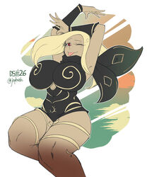 alternate_breast_size armpits arms_above_head arms_up artist_name artist_signature blonde_hair breasts curvaceous curvy curvy_figure dark-skinned_female dark_skin female female_focus female_only gravity_rush hairband headband huge_breasts joylewds kat_(gravity_rush) large_breasts leotard looking_at_viewer pattern_clothing pose red_eyes scarf solo solo_female solo_focus star thick_thighs thighs tongue tongue_out vambraces voluptuous yellow_hair