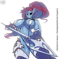 battle_franky breasts female solo spear spear_of_justice sweat undertale undyne weapon