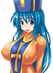 1girls 2014 anime_style blue_eyes blue_hair bodysuit breasts clothing dragon_quest dragon_quest_iii erect_nipples erect_nipples_under_clothes eyebrows_visible_through_hair female female_only highres huge_breasts impossible_clothes konno_tohiro large_breasts long_hair looking_at_viewer matching_hair/eyes mitre nipple_bulge nipples priest_(dq3) simple_background smile solo tabard tabard_with_breasts_exposed tight_clothing white_background