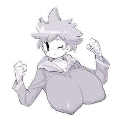 2020 big_breasts blush breasts clenched_fists erect_nipples fingerless_gloves gloves grayscale huge_breasts kumatora large_breasts mob_face mother_(series) mother_3 nintendo one_eye_closed sakana8888888 smiling